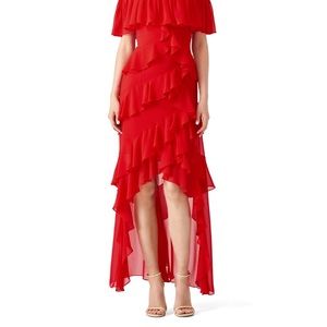 Badgley Mishka red off shoulder ruffle gown
